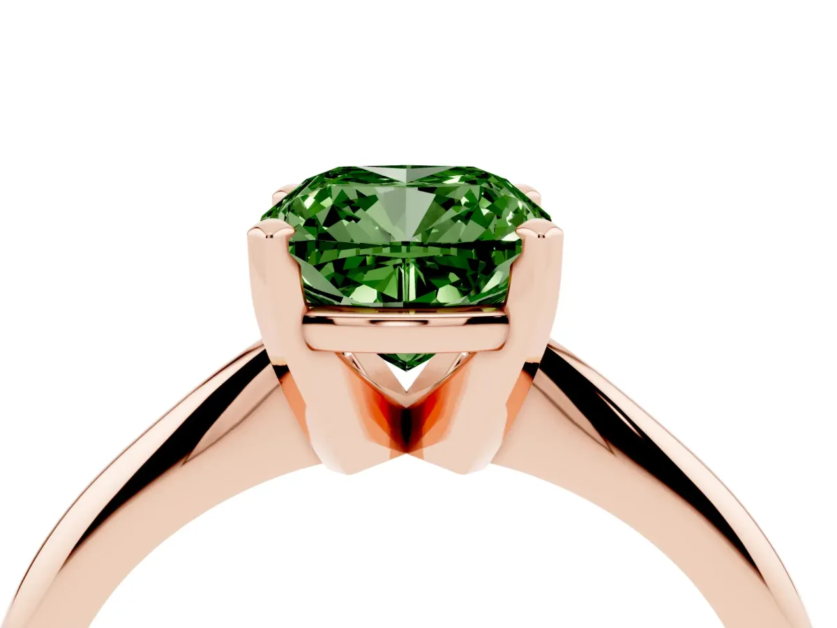 Fancy Green Cushion Cut Cut Solitaire Ring with Four-Prong Setting on a Classic Band Rose gold