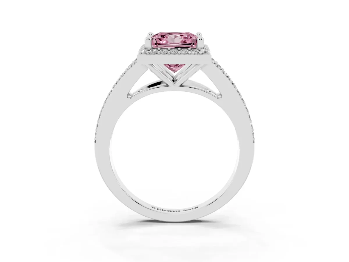 Fancy Pink Princess Cut Halo Split Shank Pave Diamond Ring with Four-Prong Setting Silver