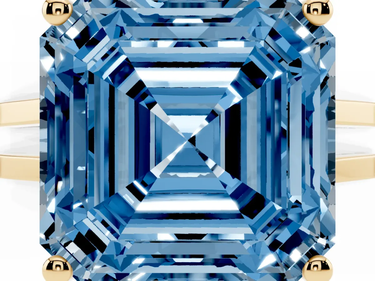 Fancy Blue Asscher Cut Cut Diamond Solitaire Engagement Ring with Tapered Plain Band and Four-Prong Setting Yellow gold