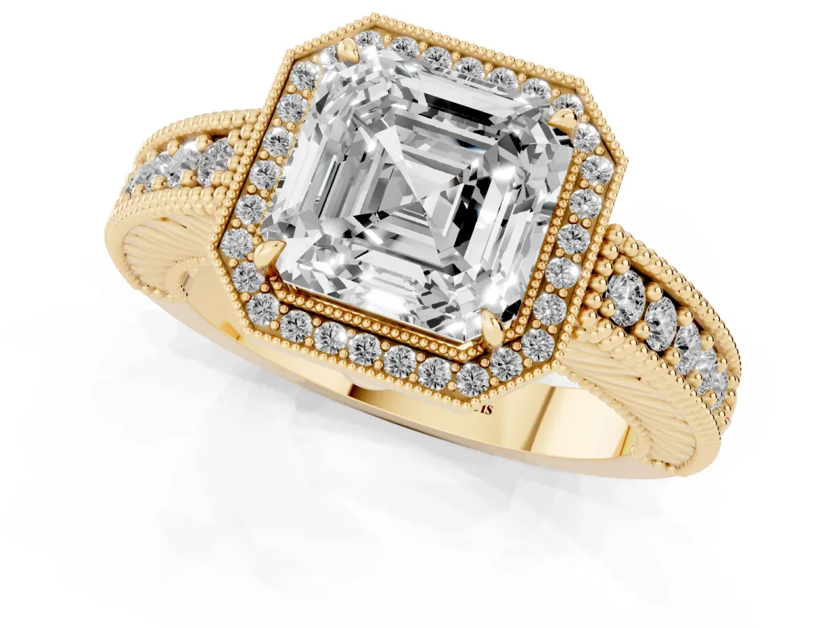 Asscher Cut Cut Halo Diamond Ring with Pavé Band and Four-Prong Setting Yellow gold