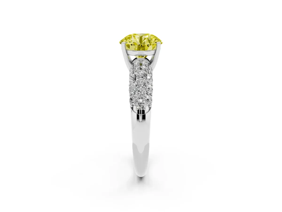 Fancy Yellow Round Cut Diamond Pavé Band Solitaire Ring with Four-Prong Setting Platinum
