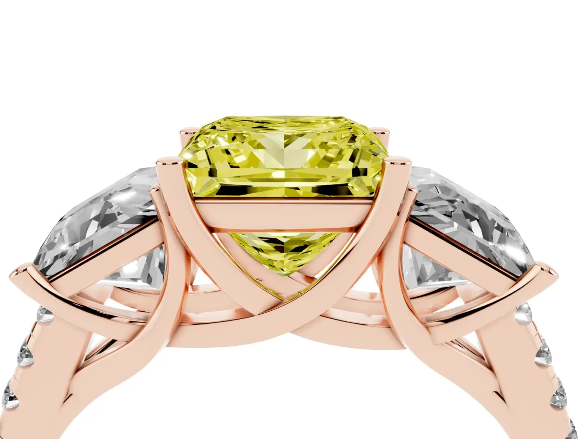 Fancy Yellow Three-Stone Princess Cut Diamond Ring with Round Pavé Band and Prong Setting Rose gold