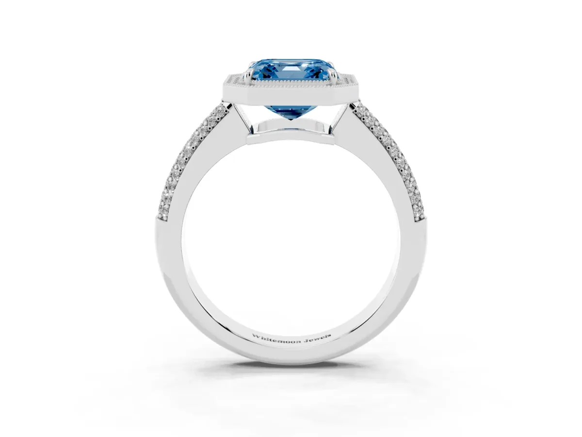 Fancy Blue Asscher Cut Cut Halo Diamond Pave Band with Four-Prong Setting Platinum