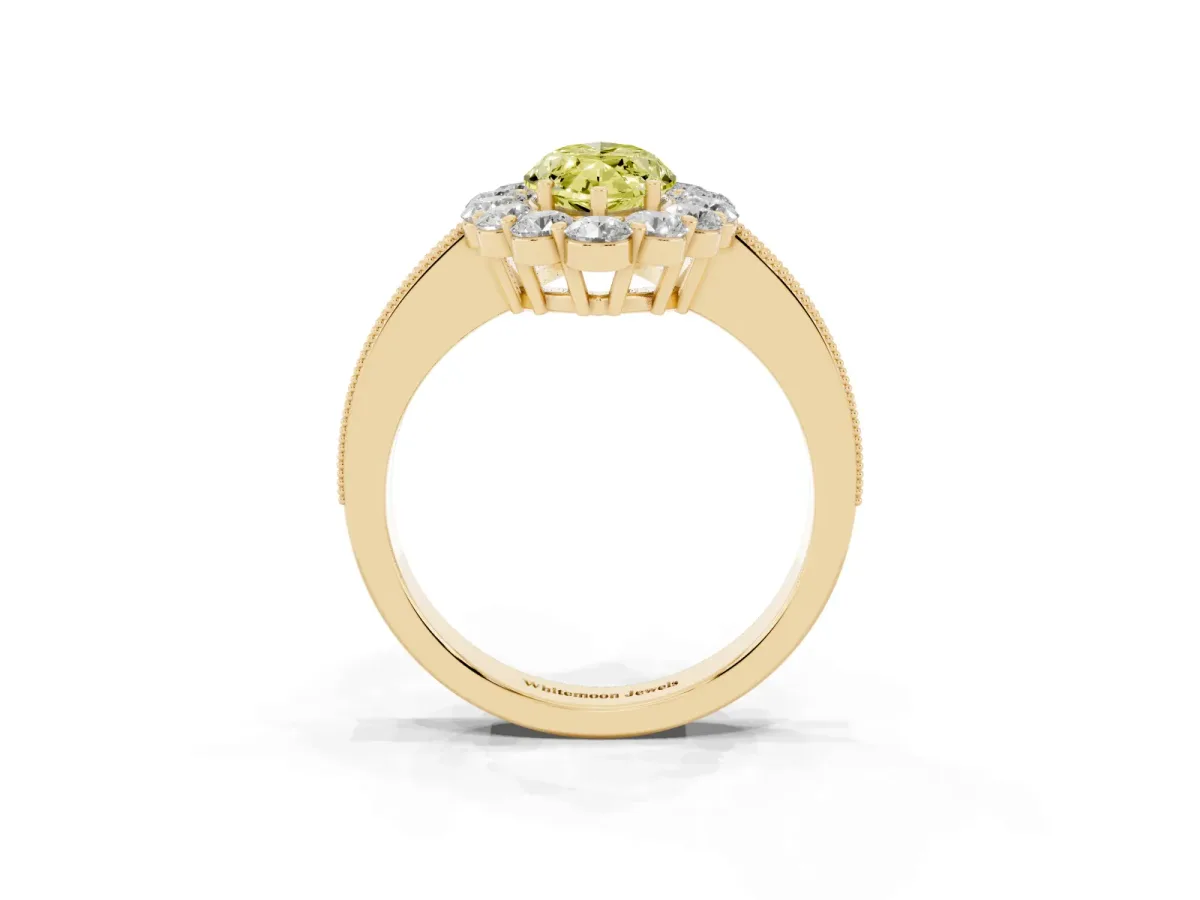 Fancy Yellow Marquise Cut Cut Halo Diamond Pavé Engagement Ring with Milgrain Detailing Yellow gold