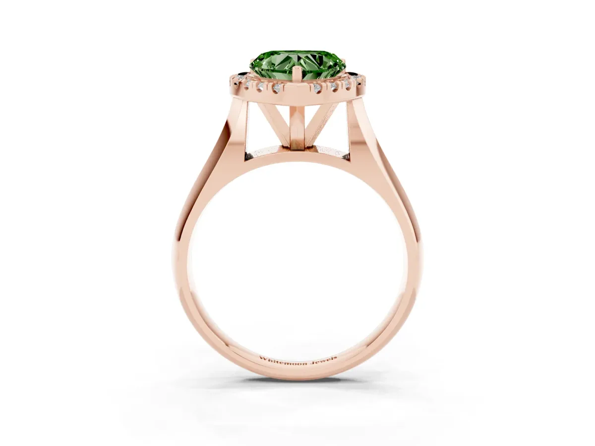 Fancy Green Heart Cut Cut Halo Solitaire Engagement Ring with Square Band and Four-Prong Setting Rose gold