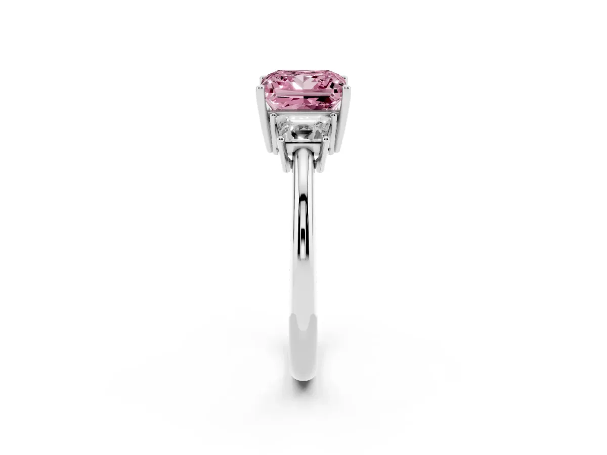 Fancy Pink Princess Cut Diamond Three-Stone Ring with Trapezoid Side Stones and Prong Setting Silver