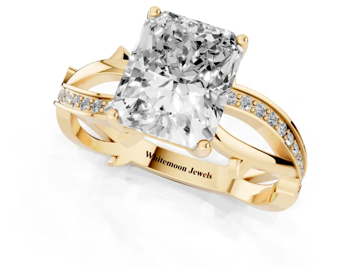 Radiant Cut Solitaire Twist Band with Pavé Accents and Four-Prong Setting Yellow gold