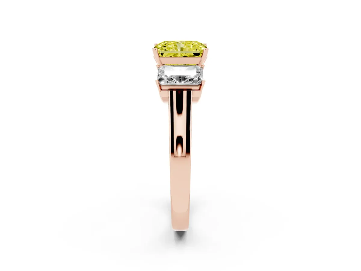 Fancy Yellow Three-Stone Radiant Cut Brilliant Diamond Trellis Ring with Comfort Fit Band Rose gold