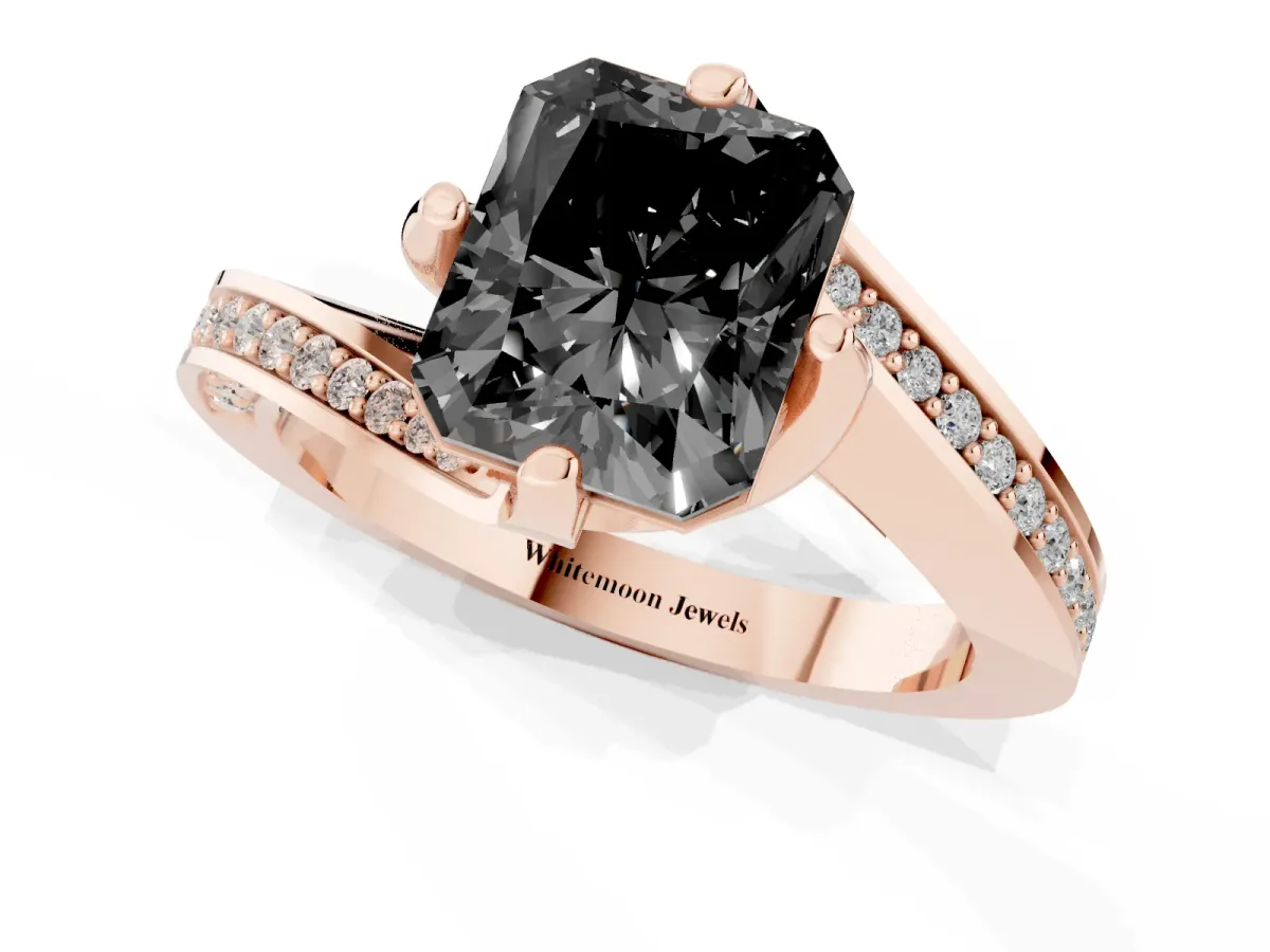 Fancy Black Radiant Cut Solitaire Diamond Twist Band with Pavé Setting and Four-Prong Setting Rose gold