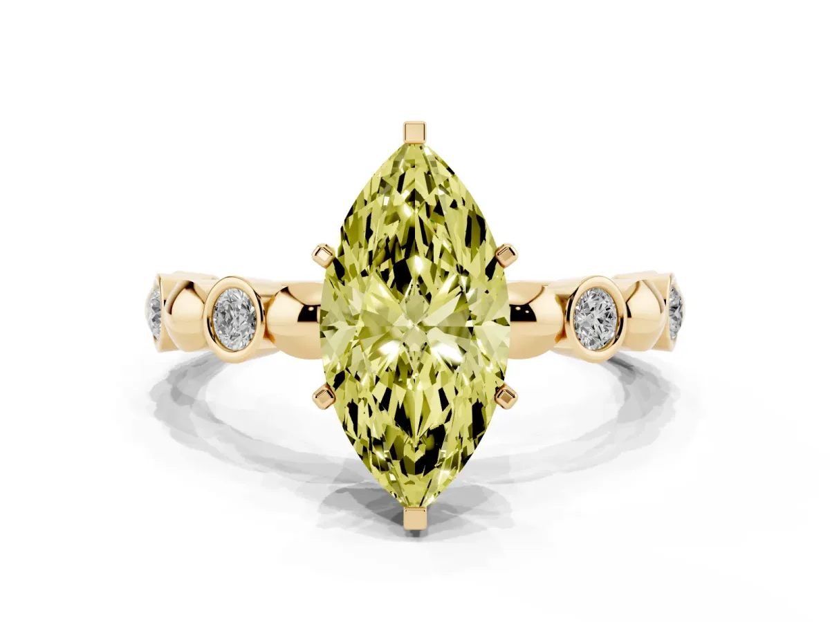Fancy Yellow Marquise Cut Solitaire Bezel-Set Diamond Ring with Beaded Band and Four-Prong Setting Yellow gold