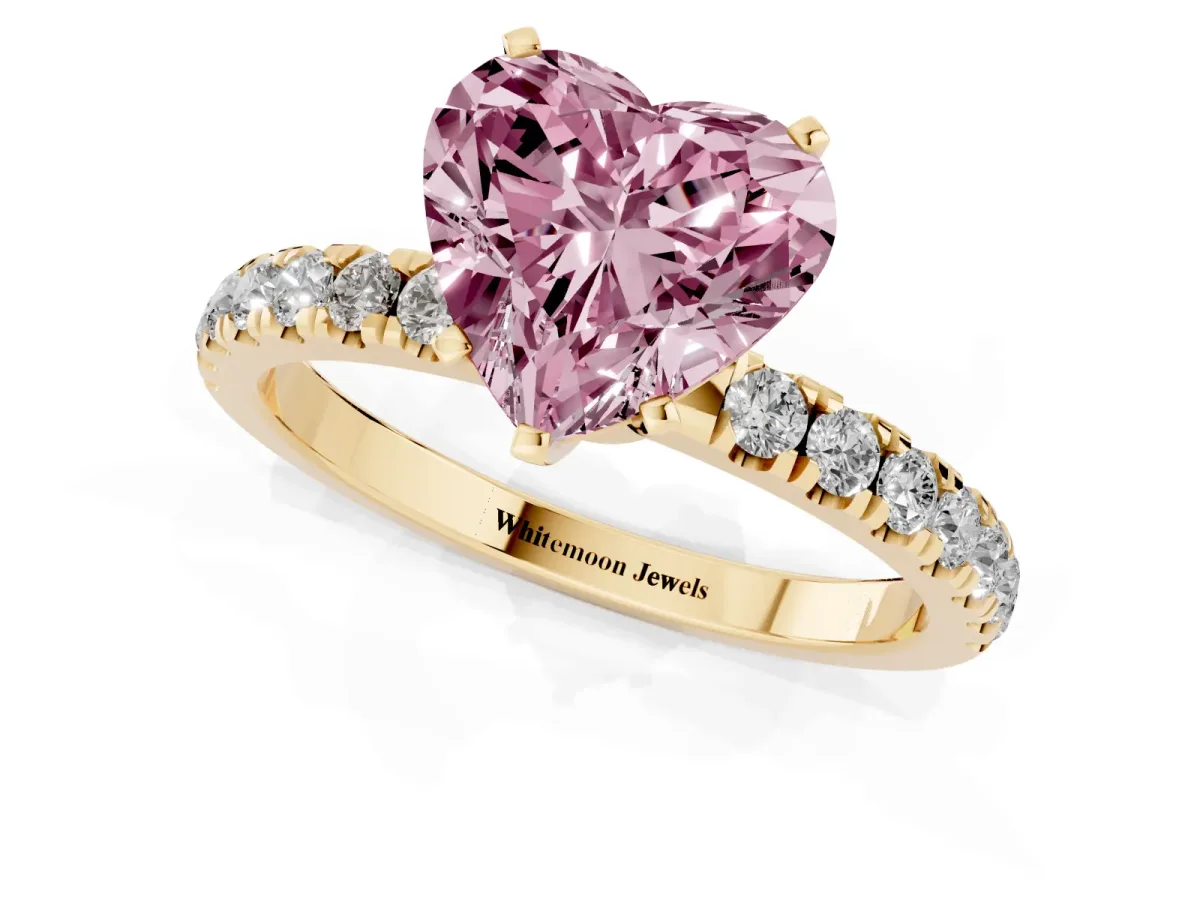 Fancy Pink Heart Cut Diamond Solitaire Ring with Pavé Accents and Four-Prong Setting Yellow gold