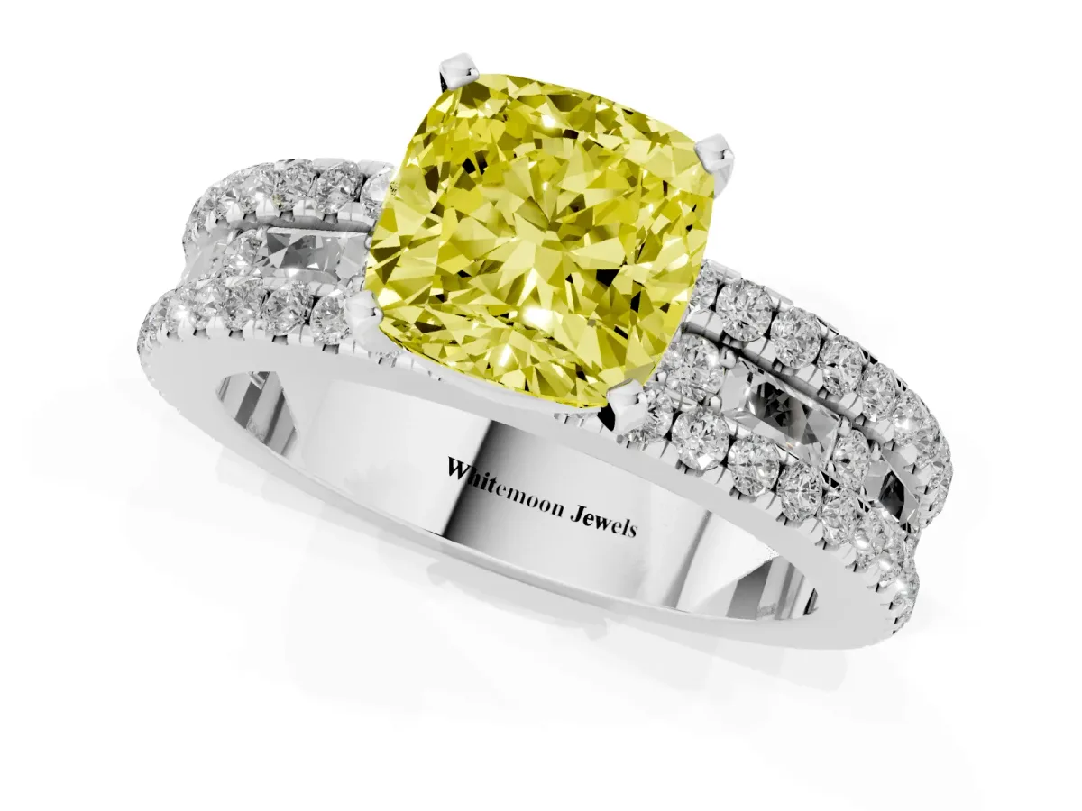 Fancy Yellow Cushion Cut Diamond Solitaire Ring with Pavé and Channel Set Band Platinum