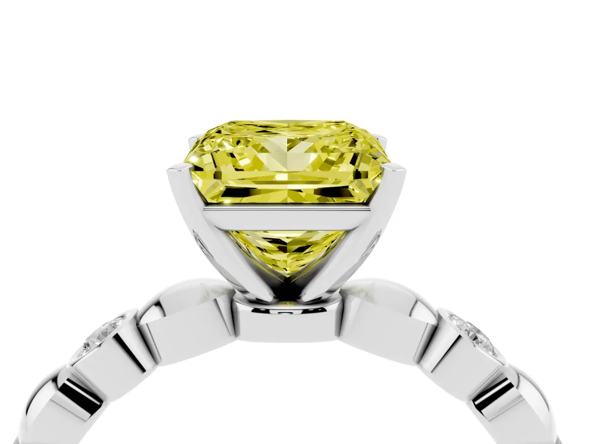 Fancy Yellow Princess Cut Solitaire Bezel-Set Diamond Ring with Beaded Band and Four-Prong Setting Silver
