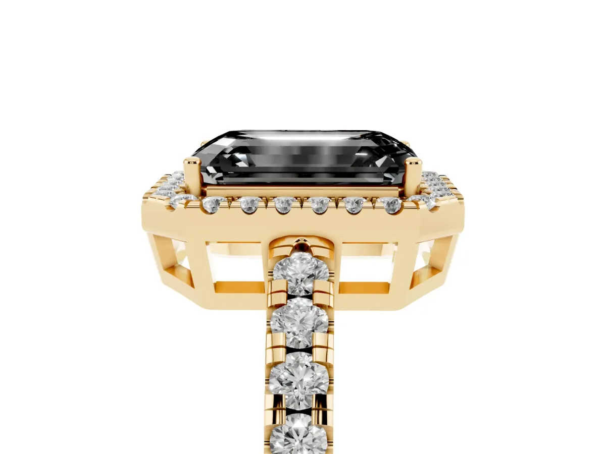 Fancy Black Emerald Cut Diamond Halo Ring with Pavé Band and Four-Prong Setting Yellow gold