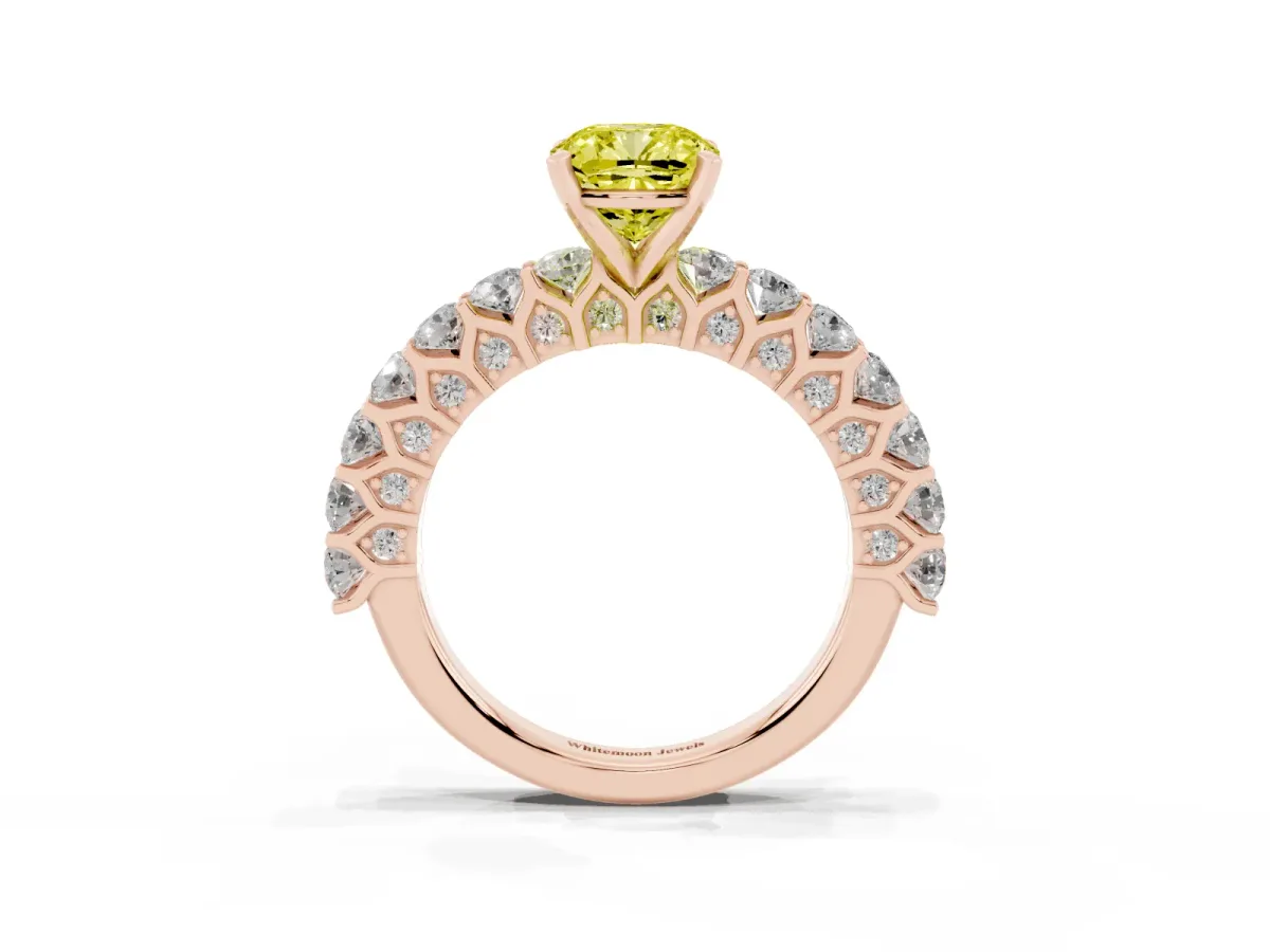 Fancy Yellow Cushion Cut Diamond Solitaire Ring with Shared Prong Pavé Band and Four-Prong Setting Rose gold