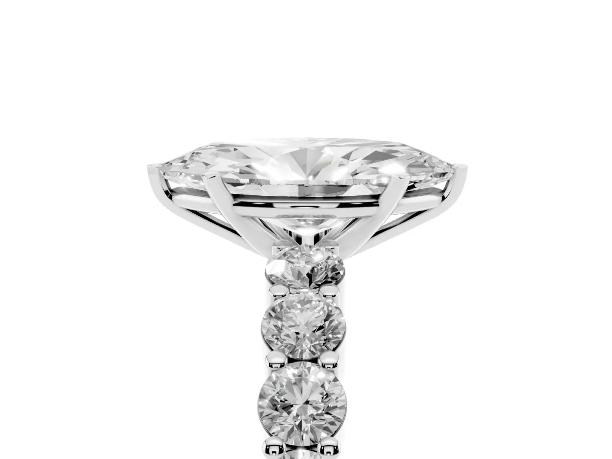 Marquise Cut Diamond Solitaire Ring with Shared Prong Round Side Stones Silver