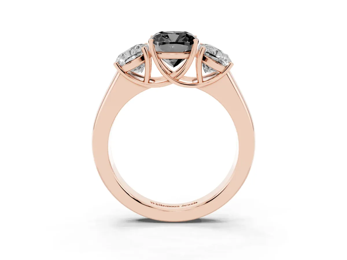Fancy Black Three-Stone Cushion Cut Cut Diamond Ring with Prong Setting and Classic Band Rose gold