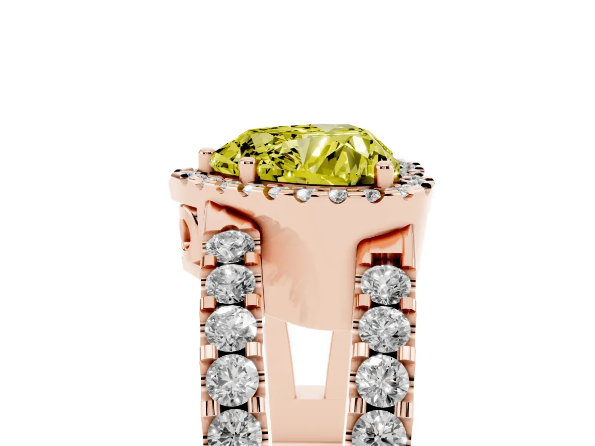 Fancy Yellow Heart Cut Cut Halo Split Shank Diamond Ring with Four-Prong Setting Rose gold