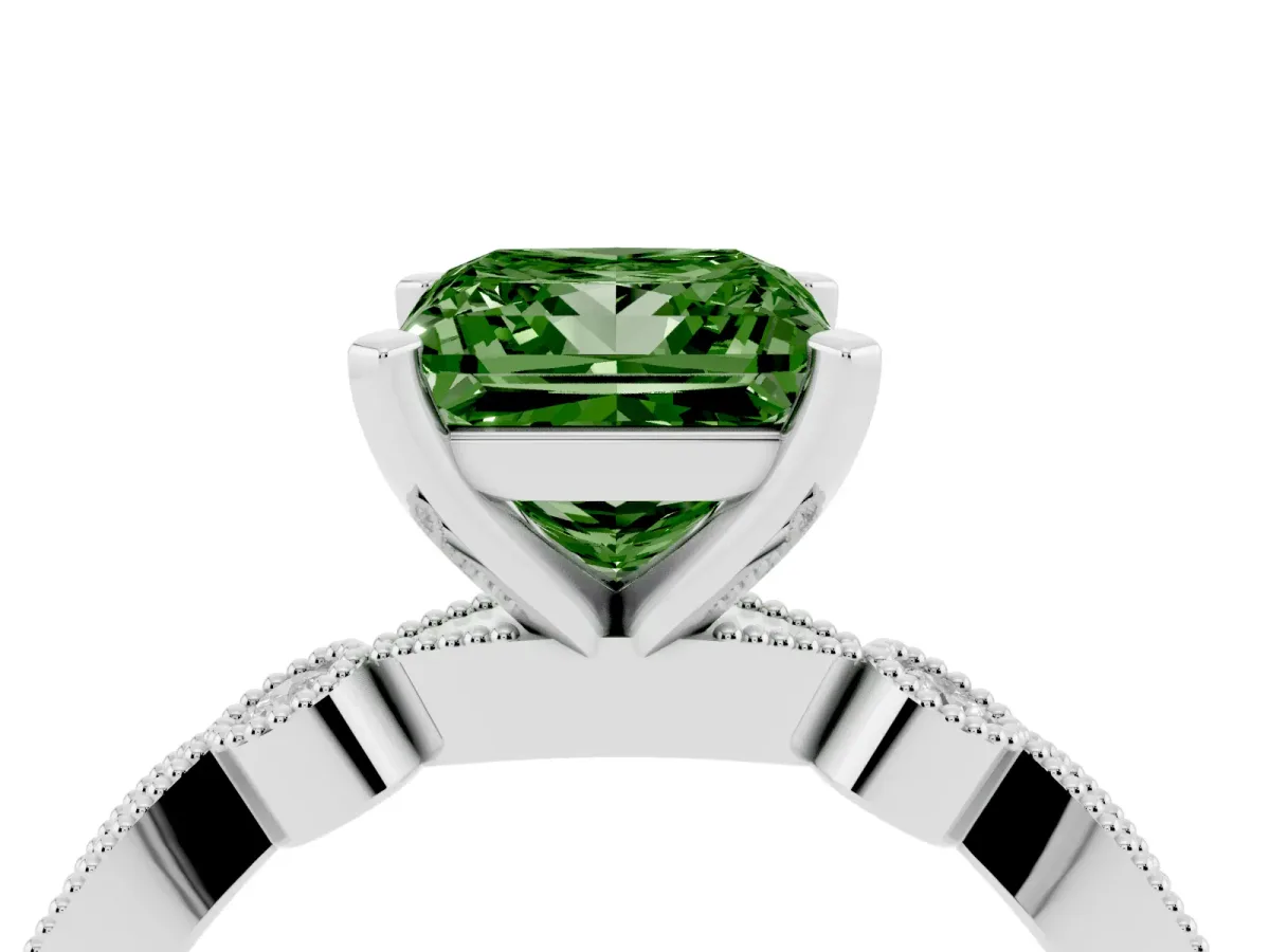 Fancy Green Princess Cut Milgrain Bezel Diamond Engagement Ring with Solitaire Prong Setting Silver