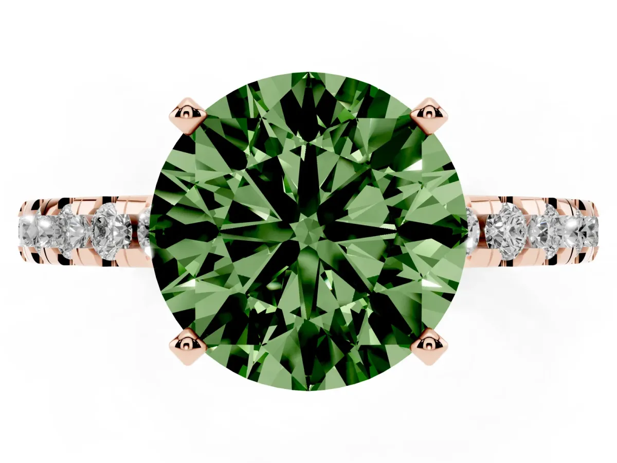 Fancy Green Round Cut Diamond Solitaire Ring with Round Pavé Band and Four-Prong Setting Rose gold