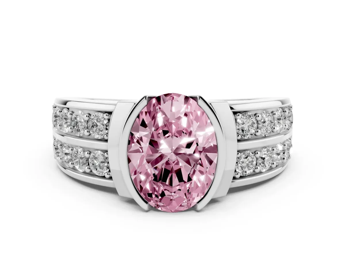 Fancy Pink Oval Cut Brilliant Diamond Channel Set Wide Band Ring with Bezel Setting Silver