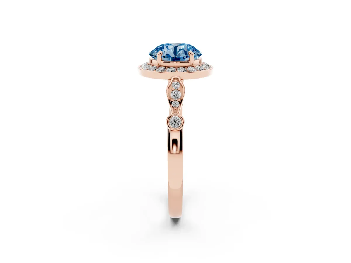 Fancy Blue Round Cut Halo Diamond Engagement Ring with Twisted Band and Four-Prong Setting Rose gold