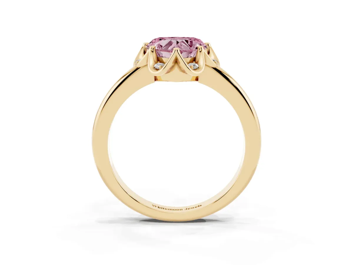 Fancy Pink Heart Cut Halo Diamond Ring with Round Cluster Setting, Solitaire Band, and Four-Prong Setting Yellow gold
