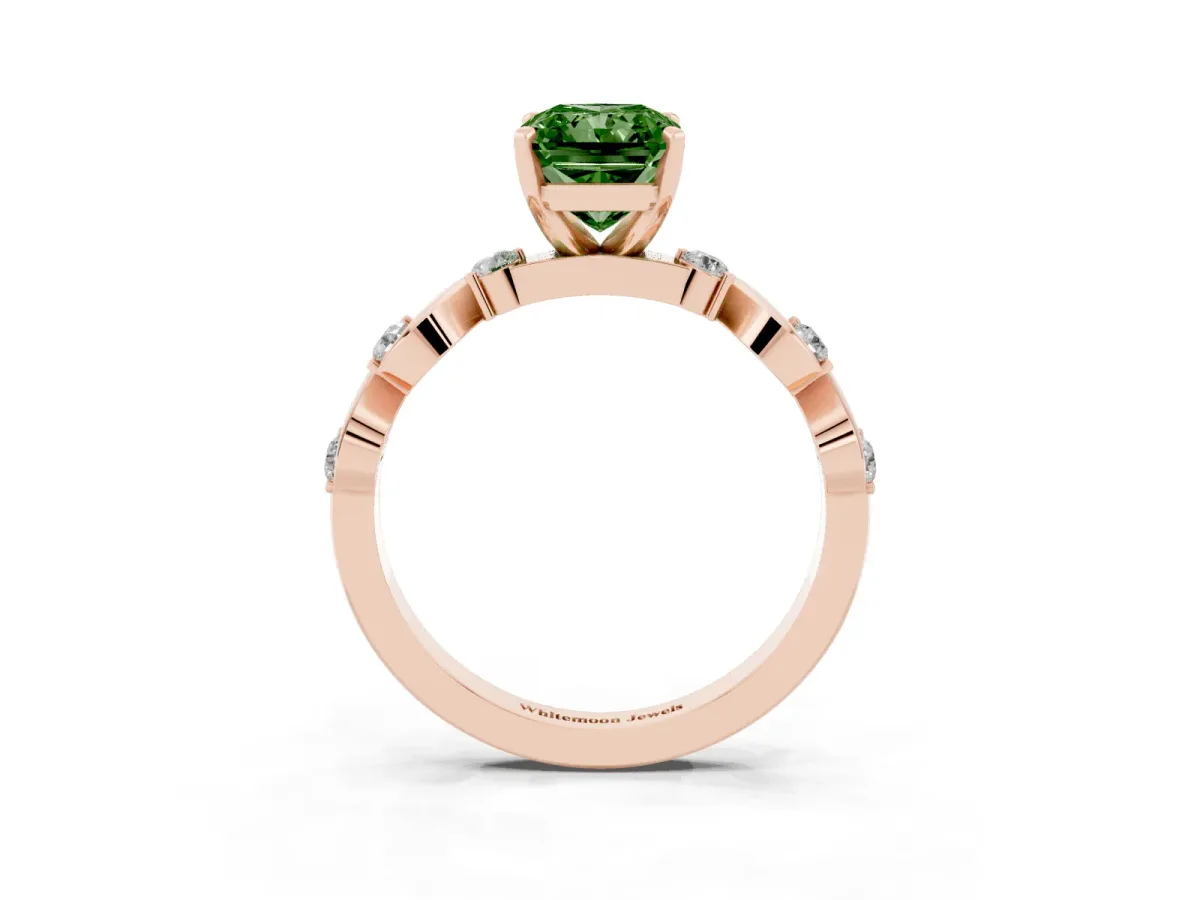 Fancy Green Radiant Cut Diamond Solitaire Twisted Band with Round Accents and Prong Setting Rose gold