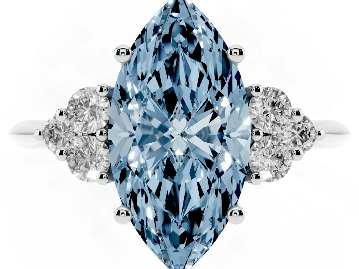 Fancy Blue Marquise Cut Cut Diamond Cluster Ring with Solitaire Band and Four-Prong Setting Silver
