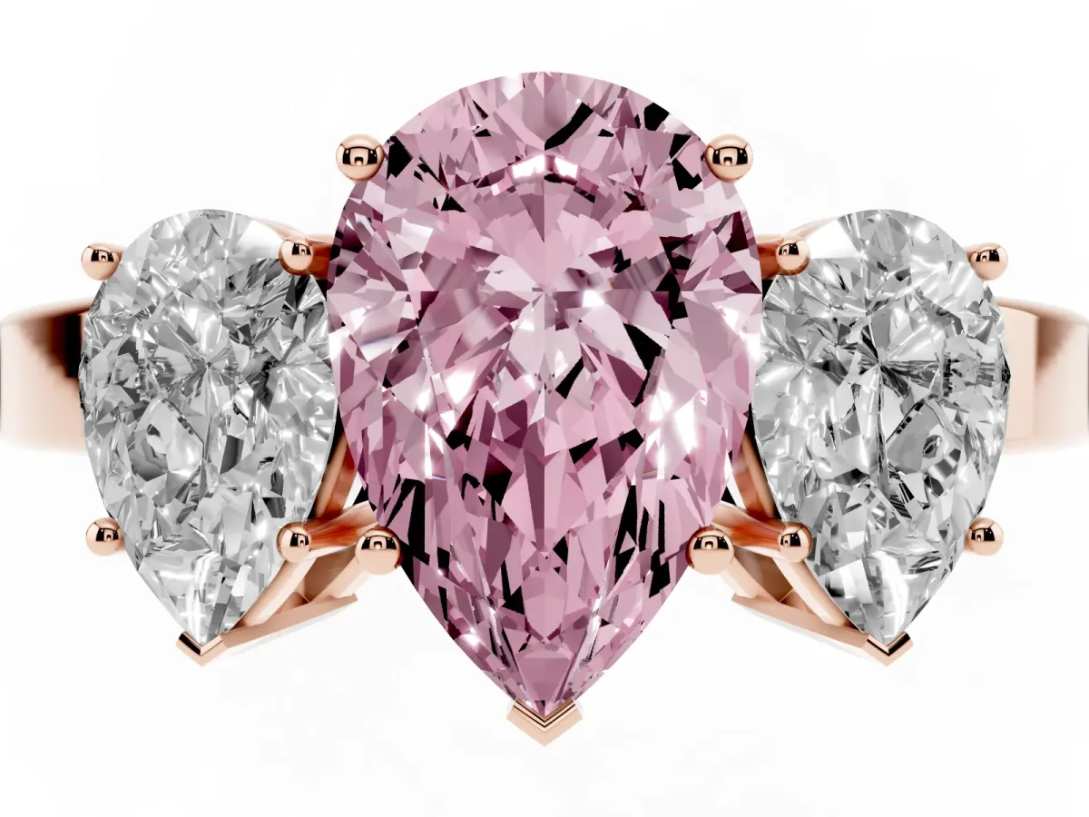 Fancy Pink Three-Stone Pear Cut Cut Diamond Engagement Ring with Flat Band and Four-Prong Setting Rose gold