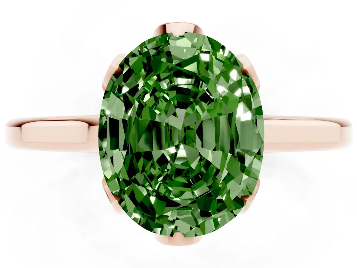 Fancy Green Oval Cut Diamond Solitaire Ring with Flower Prong Setting and Classic Band Rose gold