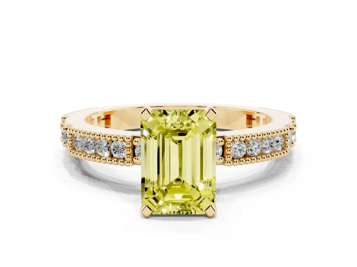 Fancy Yellow Emerald Cut Solitaire with Pavé Band and Four-Prong Setting Yellow gold