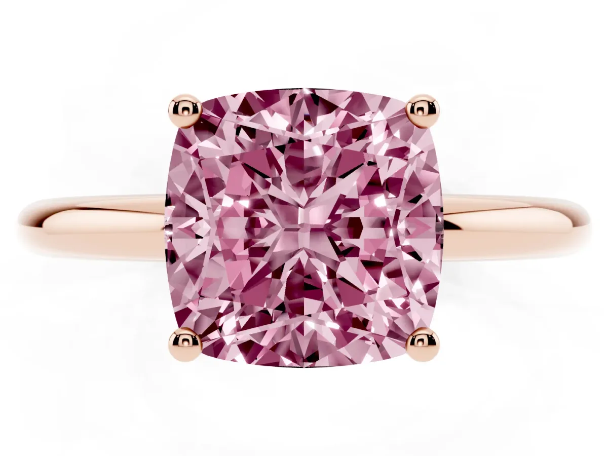 Fancy Pink Cushion Cut Cut Solitaire Engagement Ring with Four-Prong Setting and Classic Band Rose gold