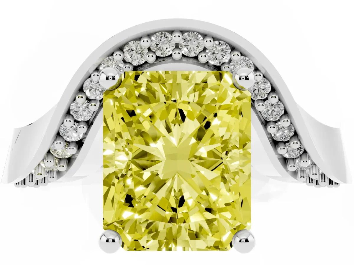 Fancy Yellow Radiant Cut Solitaire Diamond Engagement Ring with Pave Band and Four-Prong Setting Silver