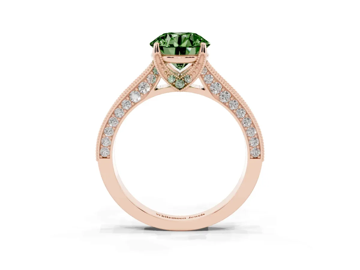 Fancy Green Round Cut Cut Diamond Solitaire Ring with Milgrain Pave Band and Four Prong Setting Rose gold