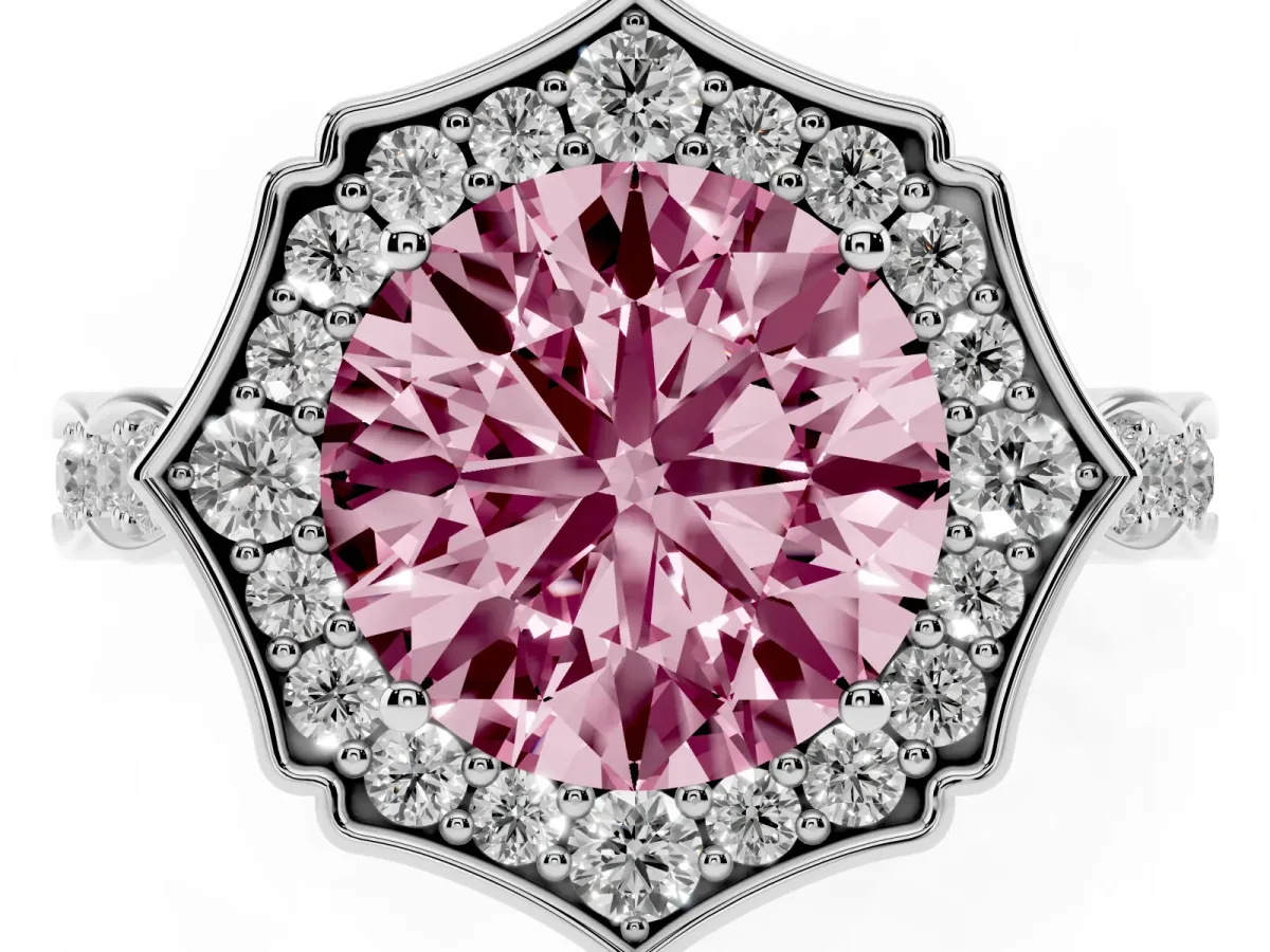 Fancy Pink Round Cut Halo Diamond Engagement Ring with Milgrain Band and Four-Prong Setting Silver