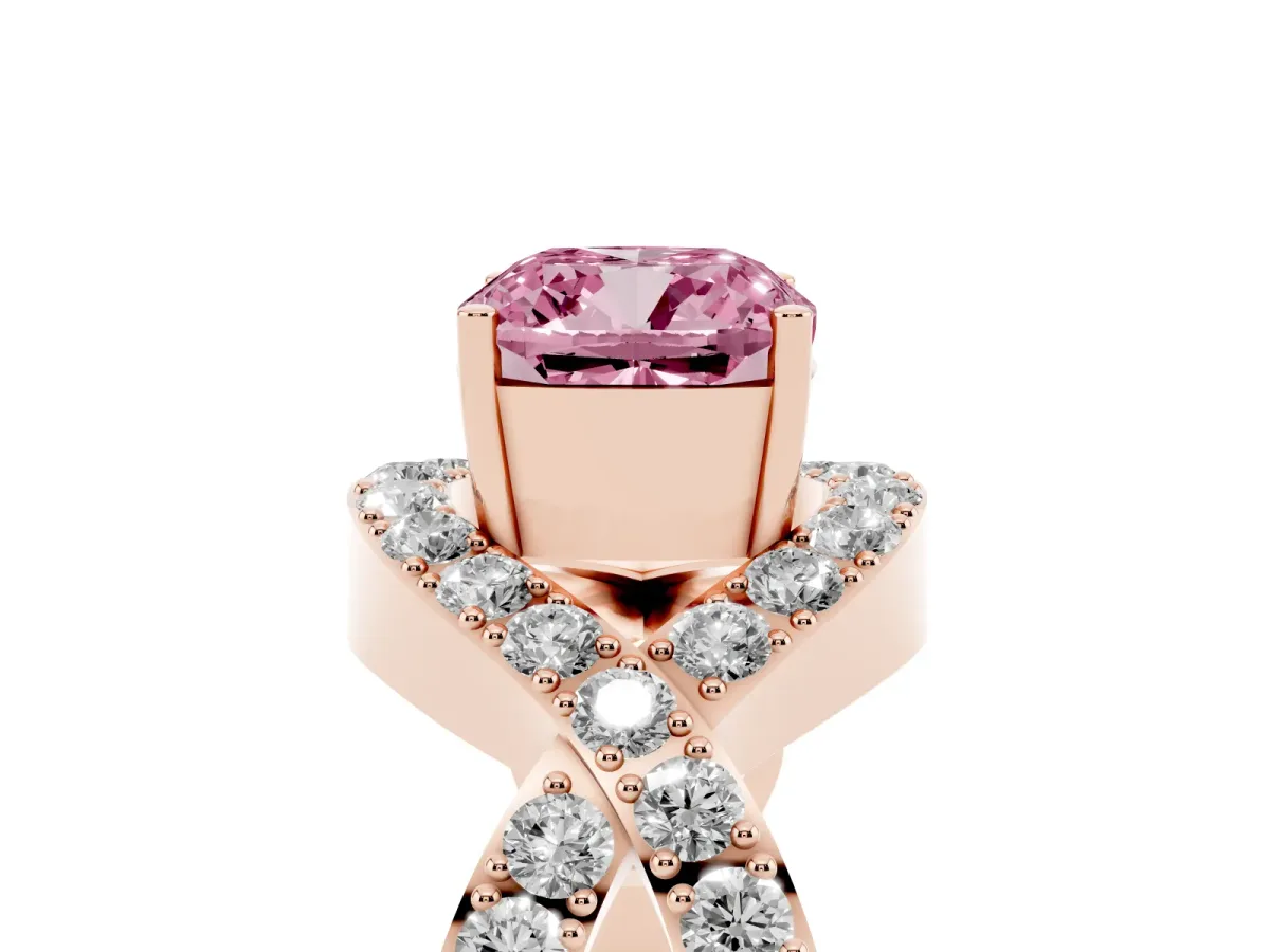 Fancy Pink Cushion Cut Solitaire Twist Band Pavé Diamond Engagement Ring Rose gold