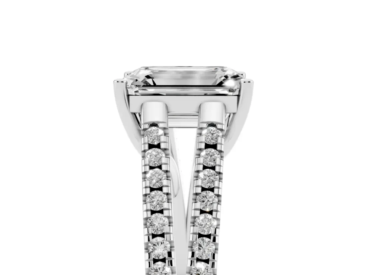 Emerald Cut Diamond Solitaire Engagement Ring with Split Shank Pavé Band Platinum