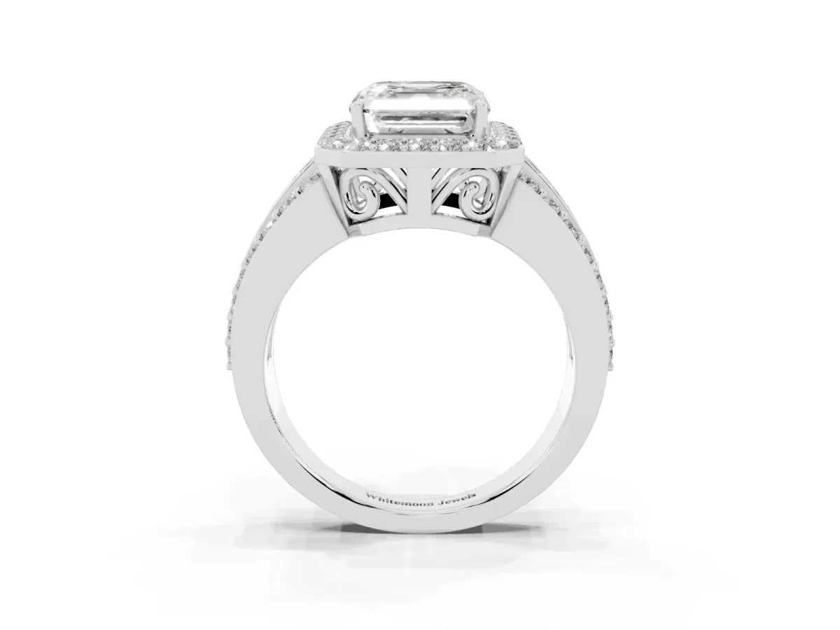 Asscher Cut Halo Diamond Ring with Round Split Shank and Prong Setting Silver