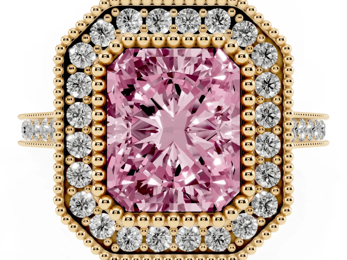 Fancy Pink Radiant Cut Diamond Halo Ring with Milgrain Frame and Pavé Band Yellow gold