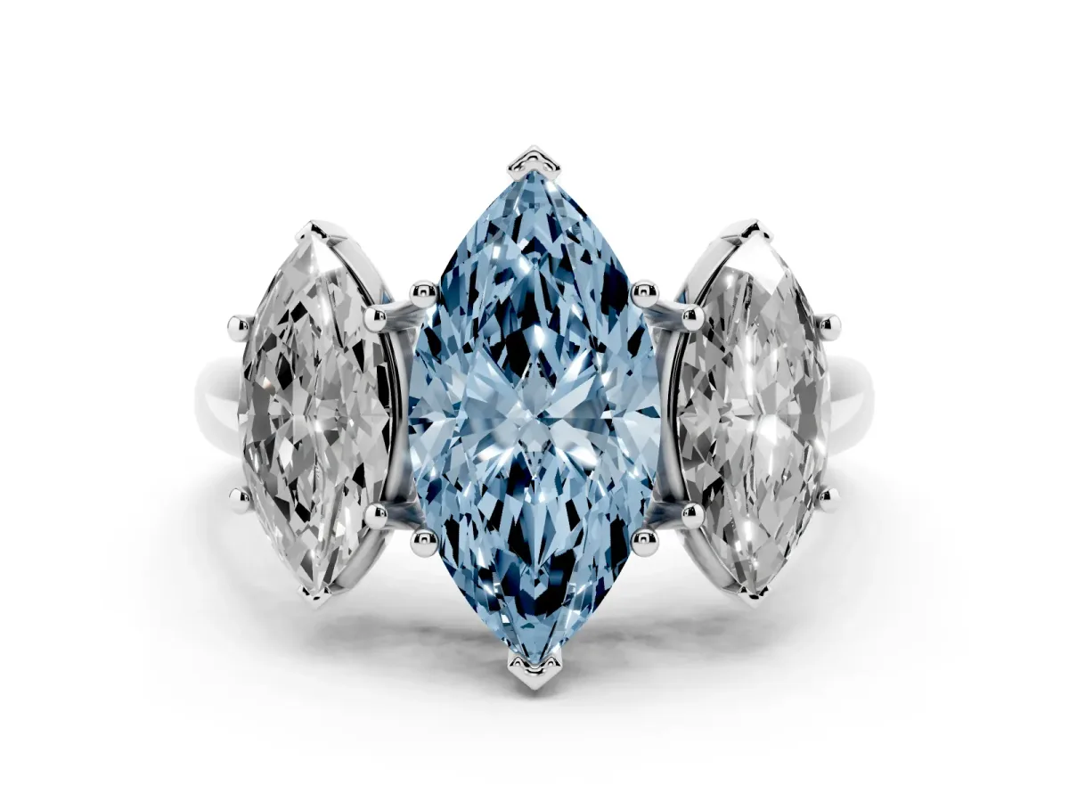 Fancy Blue Three-Stone Marquise Cut Diamond Engagement Ring with Prong Setting White gold