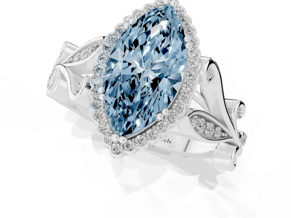 Fancy Blue Marquise Cut Diamond Halo Ring with Vintage Split Shank and Four-Prong Setting Silver