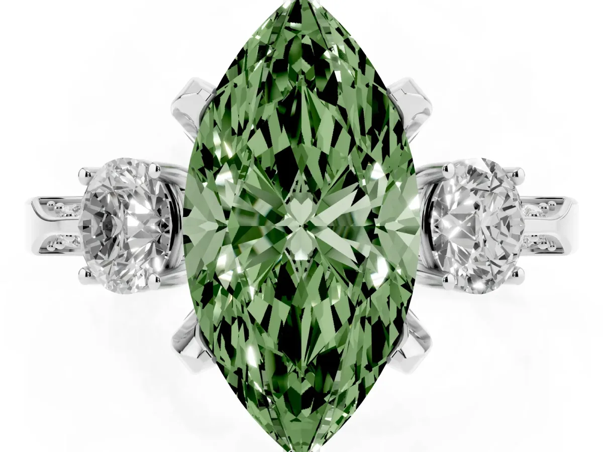Fancy Green Marquise Cut Brilliant Three-Stone Diamond Ring with Pavé Band and Four-Prong Setting Silver