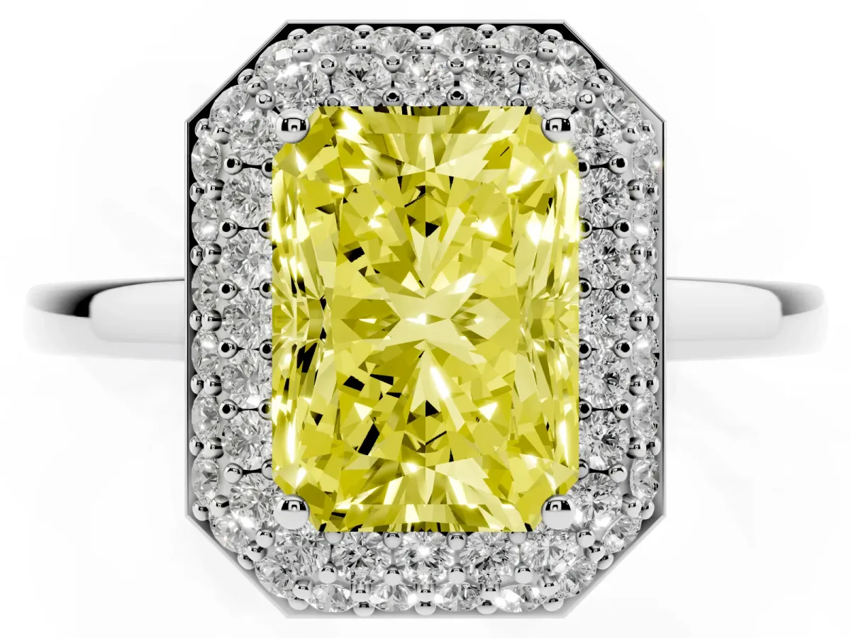 Fancy Yellow Radiant Cut Halo Diamond Engagement Ring with Solitaire Band and Four-Prong Setting Silver