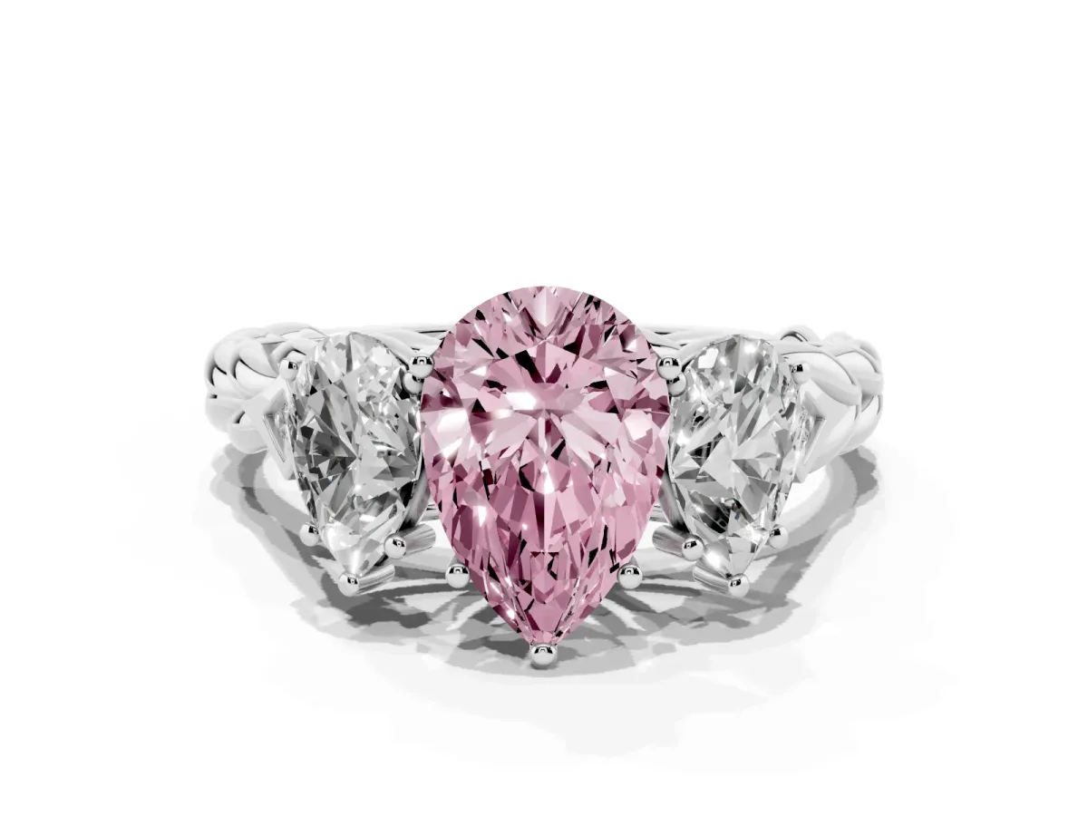 Fancy Pink Three-Stone Pear Cut Diamond Braided Band Ring with Four-Prong Setting Platinum
