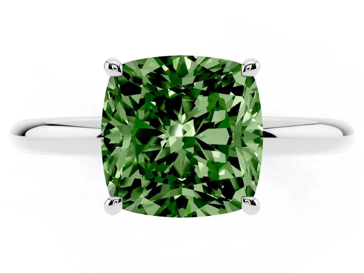 Fancy Green Cushion Cut Diamond Solitaire Ring with Thin Band and Four-Prong Setting Silver