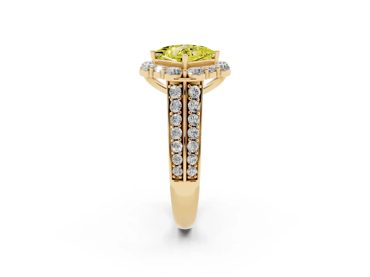 Fancy Yellow Princess Cut Halo Diamond Engagement Ring with Split Shank and Prong Setting Yellow gold