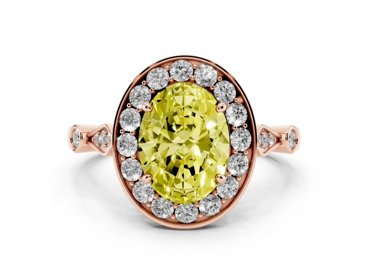 Fancy Yellow Oval Cut Halo Diamond Engagement Ring with Twisted Band and Four-Prong Setting Rose gold