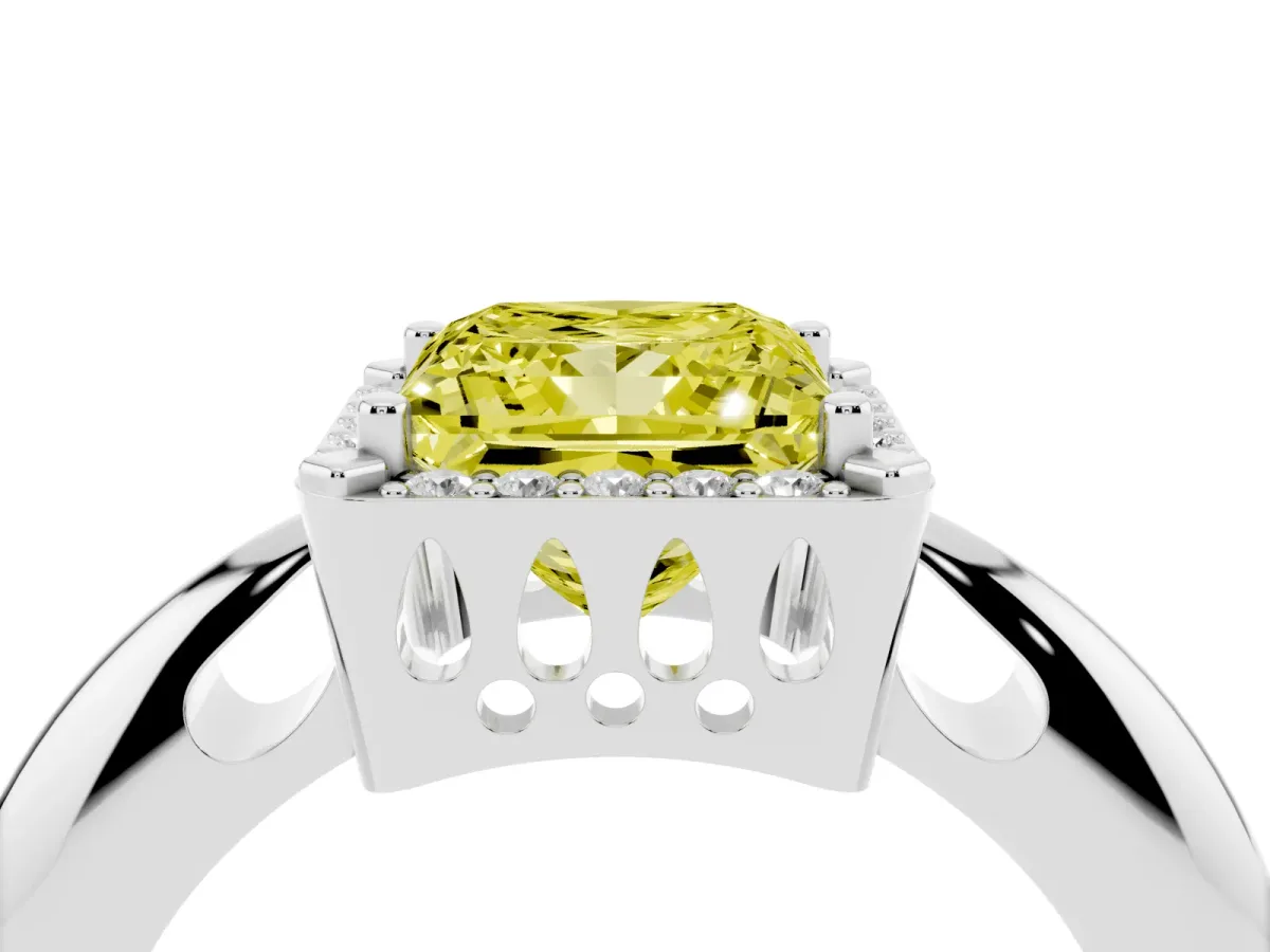 Fancy Yellow Princess Cut Cut Diamond Halo Engagement Ring with Split Shank and Four-Prong Setting Platinum