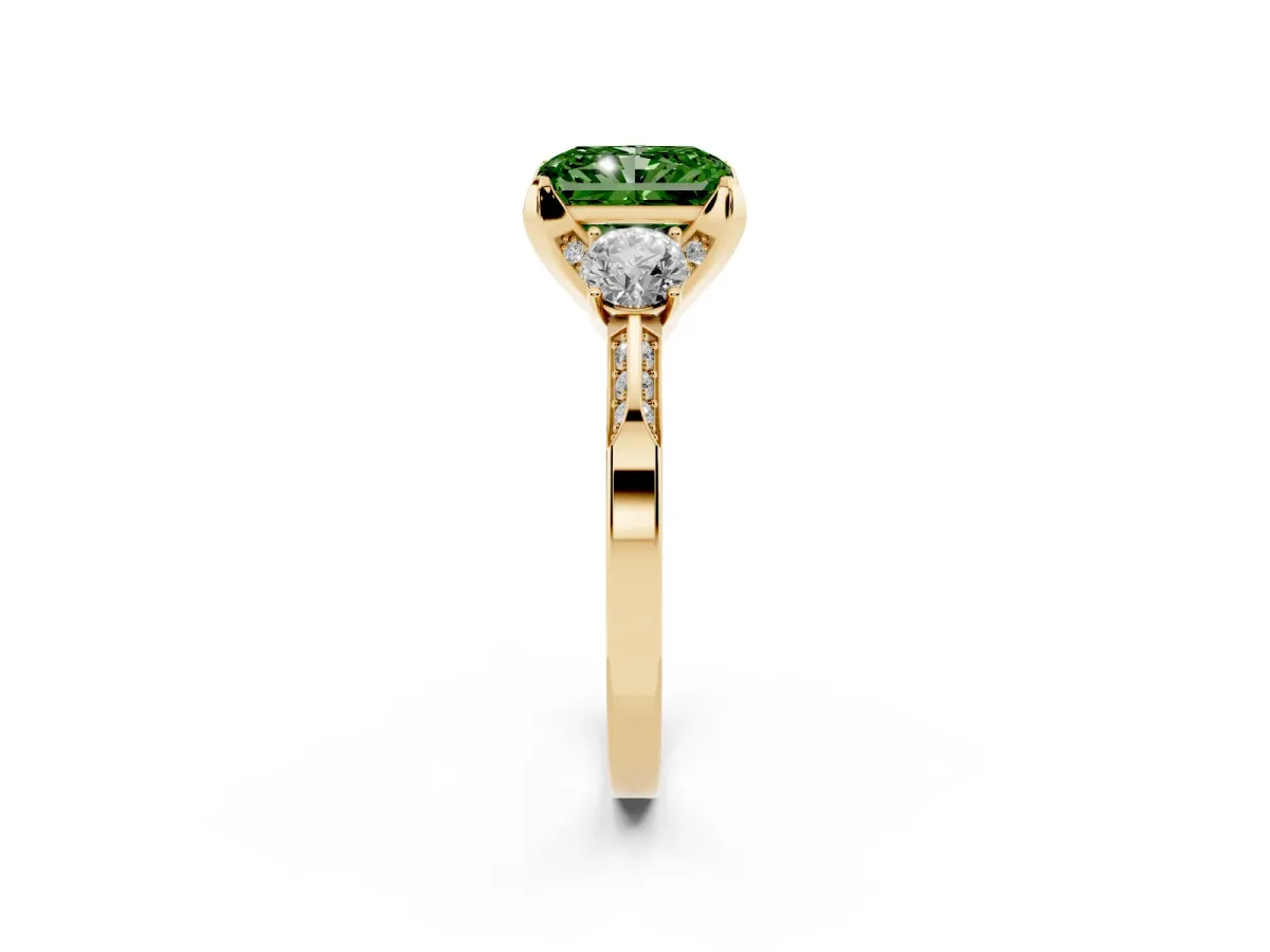Fancy Green Radiant Cut Brilliant Three-Stone Diamond Ring with Pavé Band and Four-Prong Setting Yellow gold